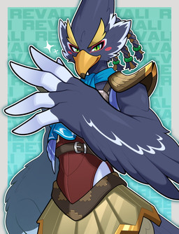 anthro armor beak clothed clothed_anthro clothed_male clothing feather_hands feathers fully_clothed fully_clothed_anthro fully_clothed_male green_eyes grey_body grey_feathers looking_at_viewer male pauldron scarf solo tail tail_feathers topwear vest budoti breath_of_the_wild nintendo the_legend_of_zelda revali avian bird rito absurd_res hi_res