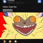 ambiguous_gender anthro fur humor orange_eyes sharp_teeth solo teeth yellow_body yellow_fur roadkilledizzy bandai_namco digimon digimon_ghost_game digimon_(species) lamortmon monster 1:1 hi_res meme