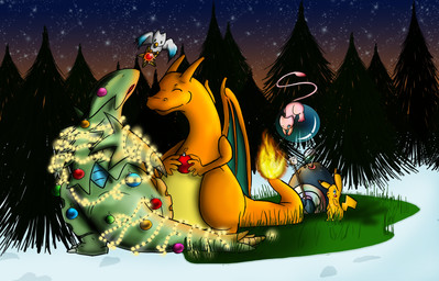 ambiguous_gender blue_body bubble candy dessert feral fire flaming_tail food fur green_body group happy holidays lights marshmallow membrane_(anatomy) membranous_wings night orange_body orange_skin outside pink_body plant sky snow star starry_sky tail tree white_body wings wood yellow_body yellow_fur porcelain_pocky christmas mythology nintendo pokemon avian charizard dragon generation_1_pokemon generation_2_pokemon generation_3_pokemon legendary_pokemon mammal mew_(pokemon) mythological_creature mythological_scalie pikachu pokemon_(species) poliwag rodent scalie staryu tyranitar wingull hi_res