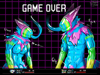 anthro athletic athletic_anthro athletic_female big_breasts biped breasts caught duo female fur gameplay_mechanics goo_transformation lock_bulge male multicolored_body multicolored_fur muscular muscular_anthro muscular_male transformation tube_in_mouth riggedreded canid canine fox mammal 2025 hi_res