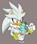 anthro container cup cutlery dessert duo eating food fruit fur glass glass_container glass_cup grey_background ice_cream kitchen_utensils male mint_ice_cream orange_body orange_skin plant simple_background solo spoon strawberry tongue tongue_out tools white_body white_fur yellow_eyes fuckwolfamy sega sonic_the_hedgehog_(series) silver_the_hedgehog eulipotyphlan hedgehog mammal