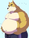 anthro belly big_belly black_nose blush bottomwear brown_body clothing ellipsis kemono male moobs nipples overweight overweight_male pants simple_background solo emufu canid canine canis domestic_dog mammal 2024 hi_res