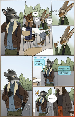 4_toes anthro barefoot big_ears biped black_nose brown_body brown_eyes brown_fur canteen cellphone chair chatting claws clothed clothed_anthro clothing dialogue digitigrade electronics feet female fluffy fluffy_tail food fur furniture gesture grey_body grey_fur group hand_gesture head_tuft holding_cellphone holding_object holding_phone holding_smartphone inside kaomoji looking_at_cellphone looking_at_object looking_at_phone male message_box paws phone pointy_ears prick_ears raised_tail sitting smartphone snout speech_bubble standing startled table tail tan_body tan_fur text text_message thumbs_up toe_claws toes tuft tusks waiting yellow_sclera falco_works indy_(justroadkill) pen_(falco_works) rosa_(falco_works) canid canine canis cervine coyote deer lagomorph leporid mammal rabbit rodent suid suine sus_(pig) tufted_deer wild_boar comic digital_media_(artwork) english_text hi_res