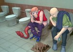 anthro bald bathroom bottomwear bottomwear_down chess claws clothed clothing denim denim_bottomwear denim_clothing duo feathered_tail feathers finger_claws fingers footwear hair inside jacket jeans light-skinned_male light_body light_skin long_tail male multicolored_body multicolored_scales on_toilet orange_body orange_hair orange_scales pants pants_down partially_clothed photo_background pink_body pink_scales pink_stripes purple_eyes red_body red_feathers scales shirt shoes short_hair smile sneakers snout striped_body striped_scales stripes tail tank_top toilet topwear torn_bottomwear torn_clothing torn_jeans torn_pants two_tone_body two_tone_scales prometheuzone cavemanon_studios goodbye_volcano_high snoot_game anon_(snoot_game) reed_(gvh) dinosaur dromaeosaurid feathered_dinosaur feathered_scalie human mammal prehistoric_species reptile scalie theropod velociraptor 2024 digital_drawing_(artwork) digital_media_(artwork) photography_(artwork)