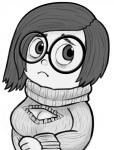 blush breasts cleavage clothed clothing eyewear female frown glasses not_furry simple_background solo livesmutanon disney inside_out pixar sadness_(inside_out) emotion_(inside_out) humanoid grandfathered_content greyscale monochrome