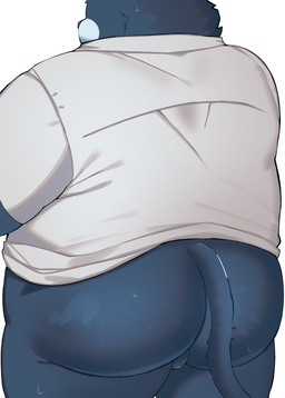 anthro backsack balls big_butt biped bodily_fluids bottomless bottomless_anthro bottomless_male butt clothed clothing genitals kemono male overweight overweight_male simple_background solo standing sweat topwear trail_arnak domestic_cat felid feline felis mammal 2026 absurd_res hi_res