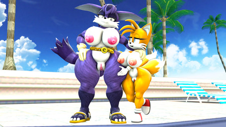 anthro beach_chair belt big_breasts blue_eyes breasts clothing cloud crossgender dipstick_tail duo eye_contact female female/female footwear fur genitals gloves half-closed_eyes handwear huge_breasts looking_at_another markings mouth_closed mtf_crossgender multicolored_body multicolored_fur multicolored_tail narrowed_eyes nipples nude open_mouth palm_tree plant purple_body purple_fur raised_leg sandals shoes size_difference sky standing striped_markings striped_tail stripes tail tail_markings thick_thighs tree vulva white_body white_clothing white_fur white_gloves white_handwear white_tail wide_hips yellow_body yellow_clothing yellow_fur yellow_gloves yellow_handwear yellow_tail blueapple tahlian_(modeler) sega sonic_the_hedgehog_(series) big_the_cat miles_prower canid canine domestic_cat felid feline felis fox mammal 16:9 2023 3d_(artwork) digital_media_(artwork) hi_res source_filmmaker_(artwork) widescreen