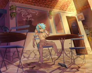 anthro balls beverage blue_eyes blue_hair blue_tail bodily_fluids building cafe casual_nudity chair clothing container cup day detailed_background door drinking_straw exhibitionism flaccid foreskin fur furniture genitals group hair hair_over_eye holding_beverage holding_container holding_cup holding_object horn light light_beam looking_at_viewer male male_anthro monotone_body monotone_fur navel nipples nude_anthro nude_male on_chair open_door outdoor_nudity outside pawpads penis plant public public_nudity scut_tail short_tail shota sitting sitting_at_table sitting_on_chair solo_focus sweat table tail tan_body tan_fur text unretracted_foreskin window young young_anthro young_male cinderoo background_character loui_tucker avian bird bovid caprine goat mammal 5:4 digital_drawing_(artwork) digital_media_(artwork) english_text hi_res shaded