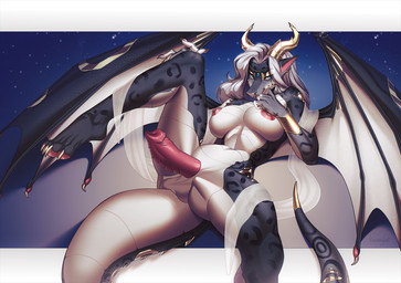 animal_genitalia animal_penis anthro armor balls bedroom_eyes big_penis blue_eyes bracers breasts claws erection finger_claws genderfluid genitals gold_(metal) gold_jewelry gynomorph hair horn intersex jewelry looking_at_viewer membrane_(anatomy) membranous_wings muscular muscular_gynomorph muscular_intersex narrowed_eyes nipple_piercing nipples nude penis piercing reclining_pose ribbons scales seductive simple_background smile smiling_at_viewer smirk smirking_at_viewer solo spots tail toe_claws translucent wings kouseykai mythology aura_(aurasentinel) altynshine_dragons dragon felid hybrid mammal mythological_creature mythological_scalie pantherine scalie snow_leopard nonbinary_(lore)