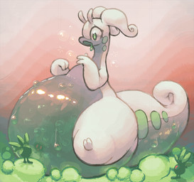 belly big_belly feral green_eyes group huge_belly overweight pink_background simple_background sitting trio molaveda nintendo pokemon generation_1_pokemon generation_6_pokemon goo_creature goodra oddish pokemon_(species) 2017