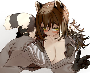blush breasts brown_hair claws clothing ear_piercing ear_ring female fingerpads hair hand_on_tail pawpads piercing ring_piercing simple_background solo tail white_background gothope arknights hypergryph studio_montagne robin_(arknights) animal_humanoid humanoid mammal mammal_humanoid procyonid procyonid_humanoid raccoon_humanoid 2026 digital_media_(artwork) hi_res