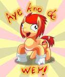 clothing cutie_mark derp_eyes dialogue exclamation_point eyelashes female feral gloves hair handwear open_mouth parody red_hair shadow simple_background solo text tongue what yellow_background cazra hasbro my_little_pony ugandan_knuckles fan_character earth_pony equid equine horse mammal pony 2018 absurd_res hi_res meme signature