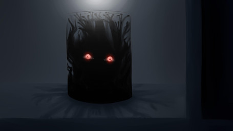 ambiguous_gender black_body container horror_(theme) in_container in_jar looking_at_viewer red_eyes solo bloominglynx eldritch_abomination humanoid shadow_creature 2018 digital_media_(artwork) digital_painting_(artwork) hi_res painting_(artwork) shaded