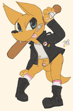 anarchy_symbol anthro balls band-aid band-aid_on_face bandage bandage_on_face baseball_bat bat_(object) blue_eyes boots bottomless clothed clothing flaccid footwear foreskin fur genitals holding_baseball_bat jacket legwear lgbt_pride male penis pose pride_colors pubes sharp_teeth shirt shoes six-stripe_rainbow_pride_colors smile socks solo standing teeth tongue tongue_out topwear tbid night_in_the_woods gregg_lee canid canine fox mammal 2020 absurd_res hi_res