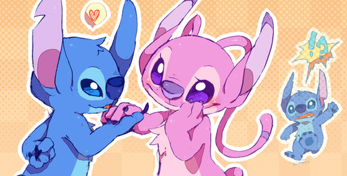 4_fingers 4_toes angry antennae_(anatomy) blue_body blue_claws blue_eyes blue_fur blue_nose blush canon_couple chest_tuft claws disguise duo_focus eyelashes feet fingers fist fur group hand_behind_back hand_holding head_tuft heart_symbol interrobang kissing love_triangle notched_ear outline pattern_background pink_body pink_fur purple_claws purple_eyes purple_nose raised_arm raised_leg simple_background small_tail smile tail toes tuft derimiko disney lilo_and_stitch angel_(lilo_and_stitch) leroy_(lilo_and_stitch) stitch_(lilo_and_stitch) alien experiment_(lilo_and_stitch) 2012 digital_media_(artwork)