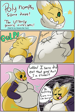 armwear black_sclera breasts clothing eyes_closed female female_pred looking_at_viewer neck_bulge rumbling_stomach solo text vore the_hookaloof bandai_namco digimon poly_(hookaloof) digimon_(species) renamon 2:3 absurd_res comic english_text hi_res