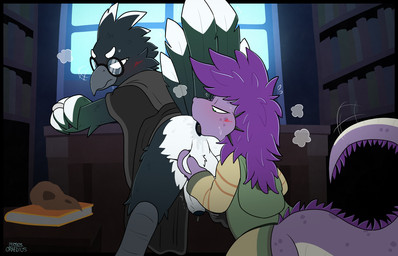 anal annoyed anthro anus ball_fondling balls bent_over blush bodily_fluids bone bottomless bottomless_anthro bottomless_male butt claws clothed clothing crossed_arms dripping duo erection eyewear feather_hands feathers female female_anthro female_rimming_male fondling foreskin genital_fluids genitals glasses hair hoodie interspecies kneeling legwear looking_back magic_user male male/female male_anthro narrowed_eyes oral penis precum precum_drip purple_body purple_hair purple_scales rimming saliva saliva_on_anus saliva_on_butt scales scuted_legs scutes sex shaking skull spines standing stockings student sweat tail tail_feathers tail_motion tailwag teacher teacher_and_student topwear tremble_spikes trembling wizard_robe graedius_(artist) mythology oswald_(graedius) zullie_(graedius) avian dragon lizard mythological_creature mythological_scalie reptile scalie