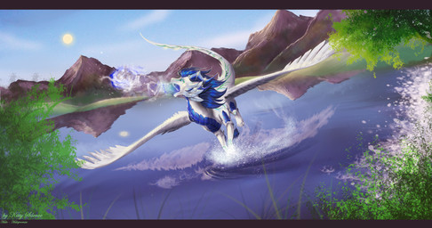 blue_eyes blue_hair day detailed_background feathers feral flying grass hair male membrane_(anatomy) membranous_wings nude open_mouth outside plant sky solo sun tail water white_body white_feathers wings katerezonate mythology dragon feathered_dragon feathered_scalie mythological_creature mythological_scalie scalie absurd_res hi_res letterbox