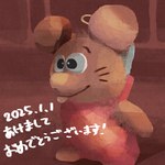 anthro biped brown_body brown_fur chibi clothed clothing exclamation_point fur holidays smile solo standing text hikari_gamba gamba_no_bouken gamba_no_bouken_(series) new_year new_year_2025 chuuta mammal mouse murid murine rodent 1:1 2025 japanese_text