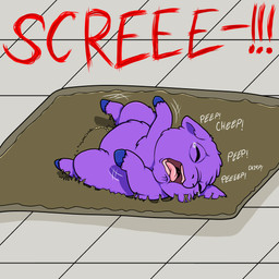 ambiguous_feral ambiguous_gender animal_noises blue_hooves bodily_fluids chirping crying eyes_closed feral fur genital_fluids glue gums hooves neonate purple_body purple_fur screaming solo sticky stuck tears text tongue tongue_out toothless_mouth trap_(contrivance) urine young young_ambiguous young_feral poyoboyouwu fluffy_pony fluffy_pony_(species) mammal 1:1 2026 cel_shading digital_media_(artwork) english_text hi_res shaded