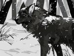 ambiguous_gender feral grass mouth_closed outside plant side_view snow snowing solo tree corzh77 canid canine canis mammal wolf 4:3 hi_res monochrome