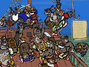 abs anthro barrel beard biped blonde_hair blue_bottomwear blue_clothing blue_coat blue_pants blue_topwear body_hair bottomwear brown_body brown_clothing brown_fur brown_topwear brown_vest buckteeth cannon chest_hair clothed clothed_anthro clothed_male clothing coat ear_piercing ear_ring eyes_closed facial_hair fur gloves green_bottomwear green_clothing green_pants grey_body grey_fur grey_hair group hair handwear hat_feather headgear headwear holding_feather holding_melee_weapon holding_object holding_sword holding_weapon laugh loose_feather male melee_weapon muscular muscular_anthro muscular_male mustache open_mouth open_smile orange_hair pants pattern_bottomwear pattern_clothing pattern_pants pecs piercing pink_inner_ear pink_nose pink_tail pink_tongue pirate pirate_hat pirate_outfit ranged_weapon ring_piercing rope sea ship shirt sky smile stairs standing striped_bottomwear striped_clothing striped_pants stripes sword tail teeth tickle_fetish tickling tickling_armpits tickling_belly tickling_nose tickling_sides tongue topwear treasure_chest vehicle vest water watercraft weapon whiskers white_clothing white_shirt white_topwear kctk mammal murid murine rat rodent