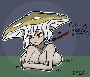 big_breasts breast_squish breasts female fungus glistening glistening_eyes hair huge_breasts mushroom not_furry nude pale_skin simple_background smile solo squish white_hair spesssmutcentral elemental_creature fungi_fauna humanoid hi_res