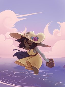 beach big_breasts black_hair breasts clothed clothed_female clothed_humanoid clothing cloud detailed_background dress eyes_closed female female_humanoid footwear fully_clothed green_body hair hat headgear headwear holding_clothing holding_hat holding_headgear holding_headwear holding_object not_furry partially_submerged sandals seaside shoes shortstack shortstack_female smile solo sun_hat sundress wide_hips wind huffslove trixie_(huffslove) goblin humanoid 2021 absurd_res digital_media_(artwork) hi_res