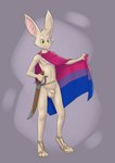 3_toes animal_genitalia anthro balls bat_ears bisexual_pride_colors chest_tuft clothing feet flaccid footwear genitals green_eyes lgbt_pride long_ears male melee_weapon mostly_nude penis pride_colors sandals scabbard sheath shoes smile solo standing sword toes tuft weapon metal_(artist) turo_of_akesh bat desert_bat mammal wingless_bat hi_res