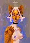 anthro big_ears blonde_hair breasts ear_piercing female hair markings nipple_piercing nipples piercing purple_eyes purple_nipples short_hair solo spots spotted_body yellow_body makkuroscar bat mammal absurd_res hi_res portrait