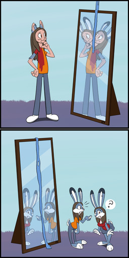 altered_reflection duo female gender_transformation mirror mitosis mtf_transformation reflection shrinking size_transformation transformation twinning trevor-fox malkai_(malkaiwot) lagomorph leporid mammal rabbit 1:2 hi_res