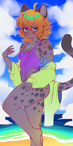anthro beach biped breasts clothed clothing female fur green_clothing markings one_eye_closed outside purple_clothing raised_leg solo spots spotted_body spotted_fur tail higgyy felid mammal hi_res