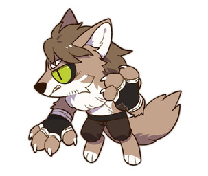 anthro black_nose black_sclera bottomwear brown_body brown_bottomwear brown_clothing brown_ears brown_fur brown_hair brown_pants cheek_tuft chest_tuft chibi clothed clothing countershading eyebrows facial_tuft front_view fur glistening glistening_eyes glistening_hair green_eyes hair looking_aside male pants pupils simple_background slit_pupils solo topless tuft unsigned white_background white_body white_eyebrows white_fur asnnonaka lim_(asnnonaka) canid canine canis mammal wolf full-length_portrait portrait