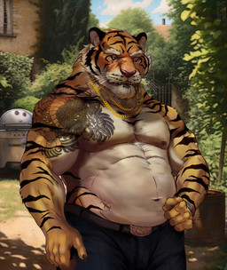 abdominal_scar abs anthro arm_tattoo belly belt biceps body_stripes bottomwear building chest_tattoo clock clothed clothing deltoids facial_scar gate gold_(metal) gold_jewelry gold_necklace grill house jewelry male manly mature_male musclegut muscular necklace obliques outside overweight overweight_male pants pecs plant scar shoulder_tattoo solo standing tattoo topless topless_male triceps watch whiskers wristwatch kotori felid mammal pantherine tiger 2023 hi_res