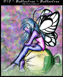 abstract_background antennae_(anatomy) anthro ball blue_hair clothed clothing crossed_arms exercise_ball hair insect_wings lepidopteran_wings long_hair male pokemorph purple_body purple_skin sitting solo wings zarla nintendo pokemon arthropod butterfly butterfree generation_1_pokemon insect lepidopteran pokemon_(species)