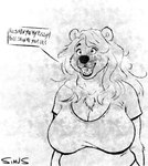 anthro big_breasts breasts clothed clothing female fully_clothed shirt show_me_yours slightly_chubby smile solo speech_bubble t-shirt text topwear simusart bear mammal english_text hi_res monochrome