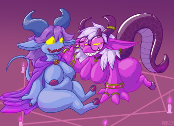 2_horns after_transformation anthro biped breasts duo eyewear female female/female glasses hooves horn magic magic_circle occult_symbol pentagram round_glasses symbol tail wearing_glasses run_rabbit_bounce humanoid imp 11:8 digital_drawing_(artwork) digital_media_(artwork) hi_res