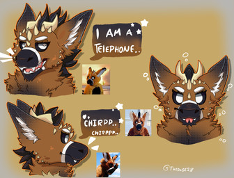 ambiguous_gender black_sclera black_snout blep brown_body brown_fur dialogue fangs front_view fur horn inner_ear_fluff markings multicolored_body multicolored_fur pink_tongue sharp_teeth side_view simple_background solo tan_horn tan_spikes teeth text tongue tongue_out tuft white_eyes white_inner_ear_fluff white_markings thedoge28 mythology telephone_(ino89777) dragon dutch_angel_dragon furred_dragon furred_scalie mythological_creature mythological_scalie scalie 2024 artist_name bust_portrait digital_drawing_(artwork) digital_media_(artwork) english_text hi_res photography_(artwork) portrait