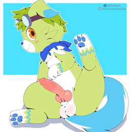 animal_genitalia animal_penis anus balls blush butt canine_genitalia canine_penis clothing feral fur genitals green_body green_fur knot knotted_penis looking_at_viewer male paws penis solo cloudeon nintendo pokemon greens_(character) generation_7_pokemon pokemon_(species) rockruff absurd_res hi_res