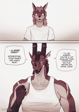 accessory anthro bodily_fluids clothing dialogue duo ear_piercing ear_ring fangs food hair horn long_hair male piercing ring_piercing sandwich_(food) scar scared shirt simple_background size_difference smile smiling_at_another speech_bubble sweat sweatdrop tank_top teeth text topwear litehase mythology sev_(litehase) vash_(litehase) deer dragon mammal moschid musk_deer mythological_creature mythological_scalie scalie comic english_text hi_res monochrome