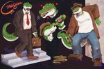 5_fingers alcohol angry anthro beer beverage bottomwear briefcase brown_clothing brown_topwear business_suit clothing cross-popping_vein denim denim_bottomwear denim_clothing drunk fingers footwear green_body jeans male pants shirt shoes solo stairs substance_intoxication suit topwear white_body white_clothing white_shirt white_topwear yellow_eyes pinkgirlpen cregon alligator alligatorid crocodile crocodilian reptile scalie 3:2 hi_res
