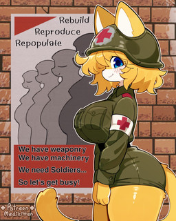 anthro big_breasts blonde_hair blue_eyes blush bottomwear breasts brick brick_wall clothed clothing female fur furgonomic_headwear furgonomics hair looking_at_viewer medical military_helmet military_uniform poster pregnant propaganda skirt solo standing tail tan_body tan_fur text thick_thighs uniform wall_(structure) medikitten patreon rebuild_reproduce_repopulate_(meme) domestic_cat felid feline felis mammal 2026 english_text hi_res signature