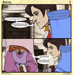 anthro bandage beak clothing dialogue eyes_closed female fireplace frown group headdress inside male narrowed_eyes nobleman shirt sitting standing stone_wall text topwear trio wall_(structure) white_clothing white_shirt white_topwear sir_paulus disney robin_hood_(disney) lady_kluck maid_marian pavel_(sir_paulus) avian bird canid canine canis chicken fox galliform human mammal phasianid english_text hi_res