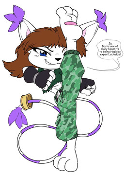 anthro blue_eyes bottomwear brown_hair camo camo_bottomwear camo_clothing camo_pants camo_print clothed clothing dialogue female fingerless_gloves fur gloves hair handwear midriff pants pattern_bottomwear pattern_clothing pattern_pants simple_background solo text white_background white_body white_fur kandlin bandai_namco digimon wiktoria_(wcp) digimon_(species) felid gatomon mammal german_text hi_res translated