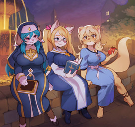 2_toes 5_toes amber_eyes anthro apple barefoot big_breasts blonde_hair blue_eyes blue_hair book boots breasts city clothed clothing cloven_hooves cross cross_necklace dress eating eyewear feet female food footwear fountain fruit fur glasses group hair high_heeled_boots high_heels holding_apple holding_book holding_food holding_fruit holding_object hooves jewelry kemono necklace night nun nun_outfit outside pink_eyes plant ponytail reading reading_book shoes sitting smile toes trio white_body white_fur yellow_body yellow_fur sanjiro arianna_edens celestine_(soulblader) lilliana_belfry bovid canid canine canis caprine domestic_dog husky mammal mink mustelid musteline nordic_sled_dog sheep spitz true_musteline 2021 hi_res