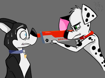 black_body black_ears black_fur black_nose black_spots blue_collar blue_eyes collar duo feral floppy_ears fur green_eyes gun heterochromatic_ears holding_gun holding_object holding_ranged_weapon holding_weapon male multicolored_body multicolored_fur pink_inner_ear ranged_weapon red_collar spots two_tone_body two_tone_fur weapon white_body white_fur white_inner_ear white_spots ark235 101_dalmatian_street 101_dalmatians disney dylan_(101_dalmatians) hansel_(101_dalmatians) canid canine canis dalmatian domestic_dog husky mammal nordic_sled_dog spitz