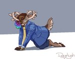 all_fours anthro antlers barefoot blue_clothing blue_jacket blue_topwear bottomwear brown_body brown_fur brown_hair brown_hooves clock clothed clothing feet fingers fully_clothed fur green_eyes grey_background hair highlights_(coloring) hooved_fingers hooves horn jacket looking_at_viewer male male_anthro multicolored_highlights necktie pants scut_tail short_tail simple_background snout solo tail tan_antlers topwear unguligrade watch wristwatch yellow_necktie dyyrlysh kristoffer_everglade deer mammal new_world_deer white-tailed_deer 2022 absurd_res aliasing aseprite_(artwork) cel_shading digital_drawing_(artwork) digital_media_(artwork) full-length_portrait hi_res portrait shaded signature