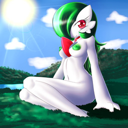 breasts choker choker_only detailed_background female female_humanoid green_hair hair jewelry jewelry_only long_hair nature navel necklace necklace_only nipples non-mammal_nipples not_furry nude outdoor_nudity outside pokemorph smile solo sun water fir3born nintendo pokemon seras_(fir3born) gardevoir generation_3_pokemon humanoid pokemon_(species) 1:1 absurd_res hi_res