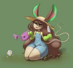 anthro big_ears clothing eyes_closed eyewear female flower gardening glasses hair hat headgear headwear long_hair overalls plant solo thick_thighs watering_can medicinal_succ mammal mouse murid murine rodent hi_res