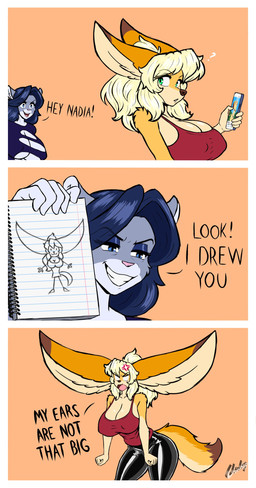 angry anthro big_ears blonde_hair blue_eyes bottomwear breasts cellphone clothing comic_panel dialogue drawing_(object) duo ears_back ears_up electronics exclamation_point eyebrows eyelashes female fur green_eyes grey_body grey_fur hair holding_cellphone holding_drawing holding_object holding_phone holding_smartphone orange_body orange_fur pants phone pivoted_ears question_mark red_clothing red_shirt red_tank_top red_topwear shirt smartphone tank_top text topwear chisheq june_(chisheq) nadia_(chisheq) canid canine chinchilla chinchillid fennec_fox fox mammal rodent true_fox absurd_res comic hi_res